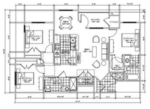 Floor plan for 3 beds, 2 baths, 1077 sqft